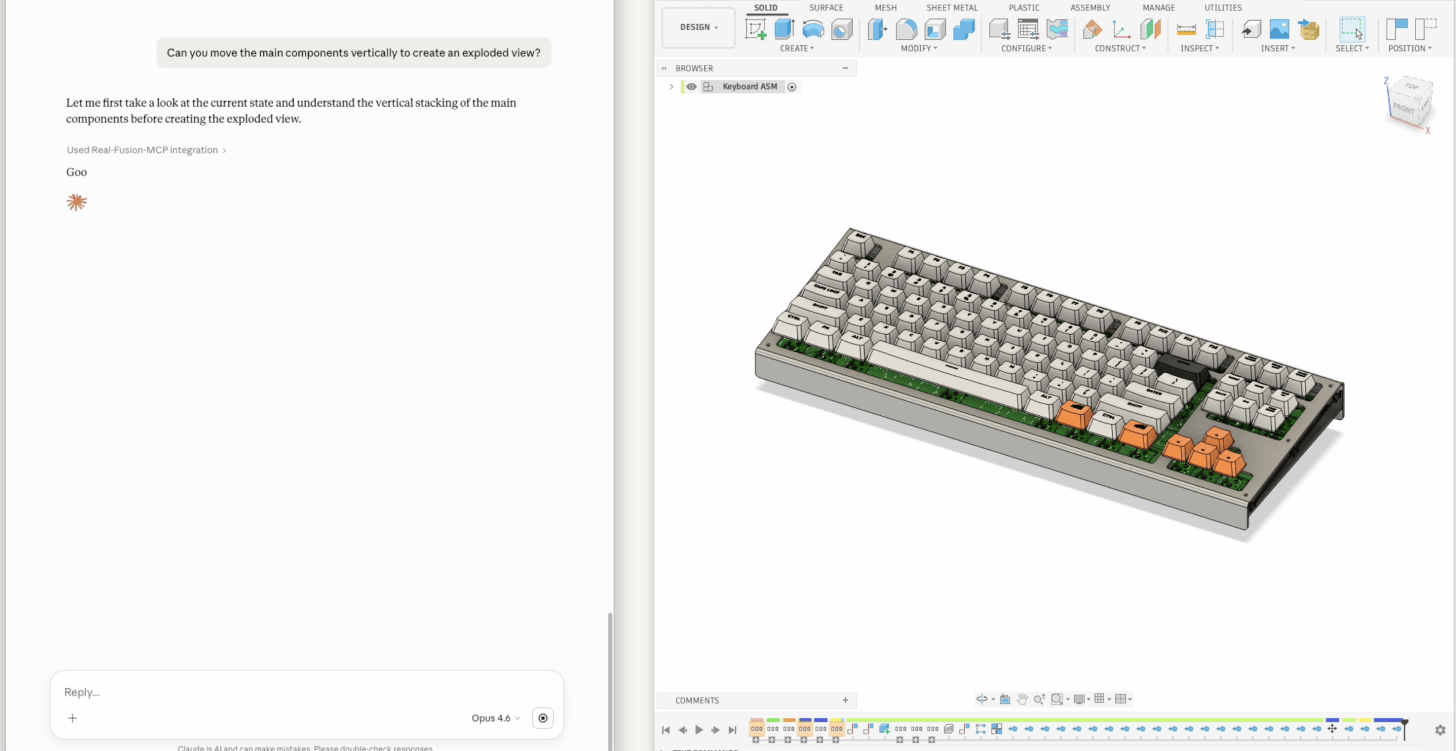Claude Desktop bouwt een 3D-toetsenbordmodel in Autodesk Fusion via de officiële connector