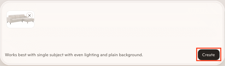 Copilot 3D upload interface met een foto van een bank en de Create-knop