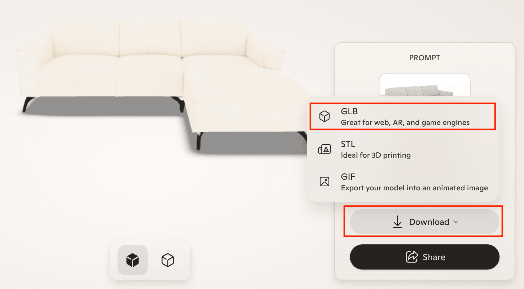 Copilot 3D model viewer met download opties: GLB, STL en GIF