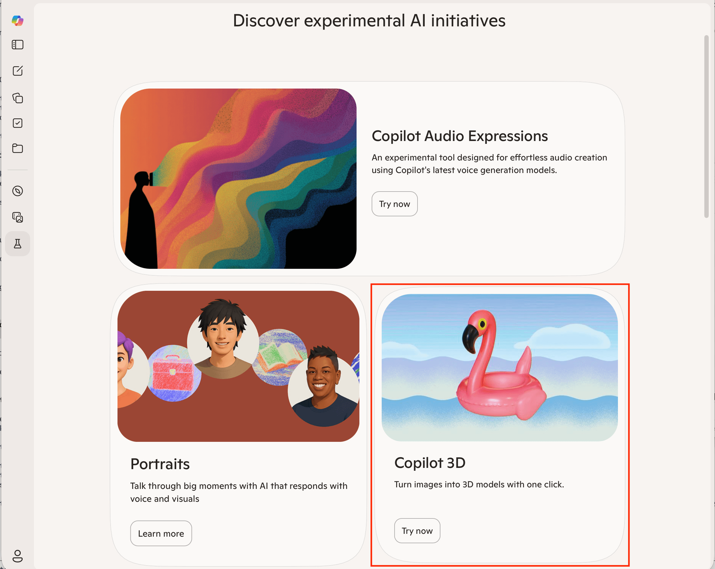 Copilot Labs overzicht met Copilot 3D gemarkeerd