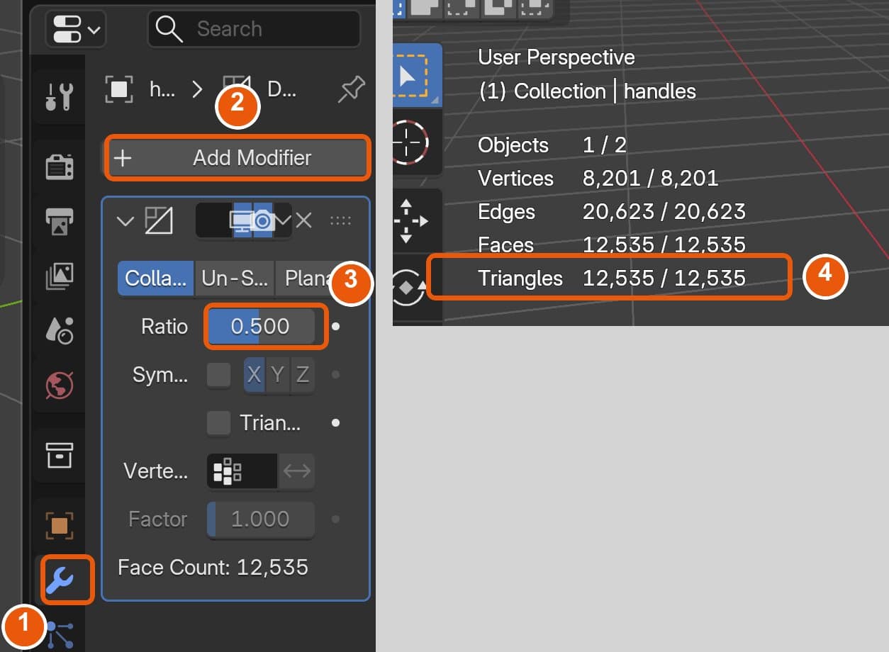 Screenshot van Blender: het tabblad met de moersleutel, de knop Add Modifier en Ratio op 0,500 gemarkeerd, met daarnaast Triangles 12.535