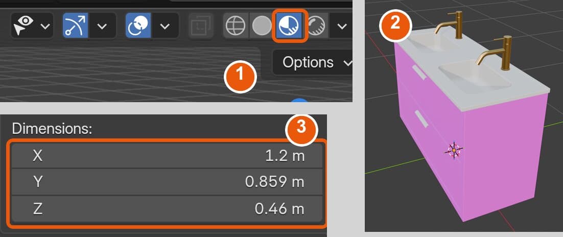 Screenshot van Blender: het derde bolletje Material Preview gemarkeerd, het meubel met een roze kast en de maten onder Dimensions
