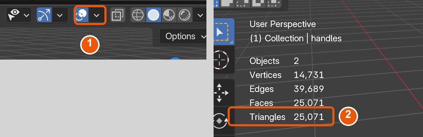 Screenshot van Blender: rechtsboven het pijltje naast Viewport Overlays gemarkeerd, linksboven de statistieken met Triangles 25.071