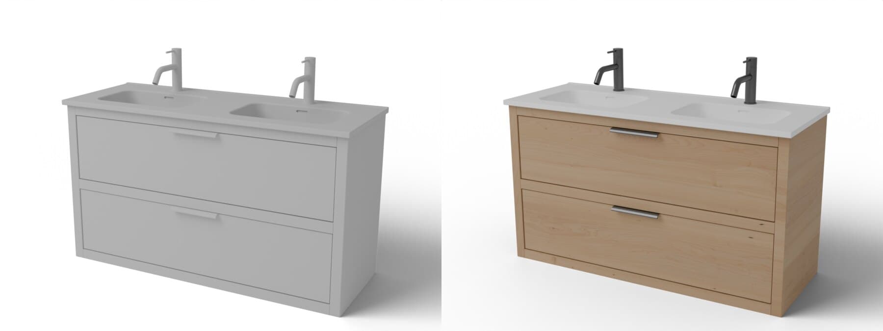 Hetzelfde badkamermeubel 2 keer: links helemaal grijs, rechts met eikenhouten kast, witte wastafel en zwarte kranen